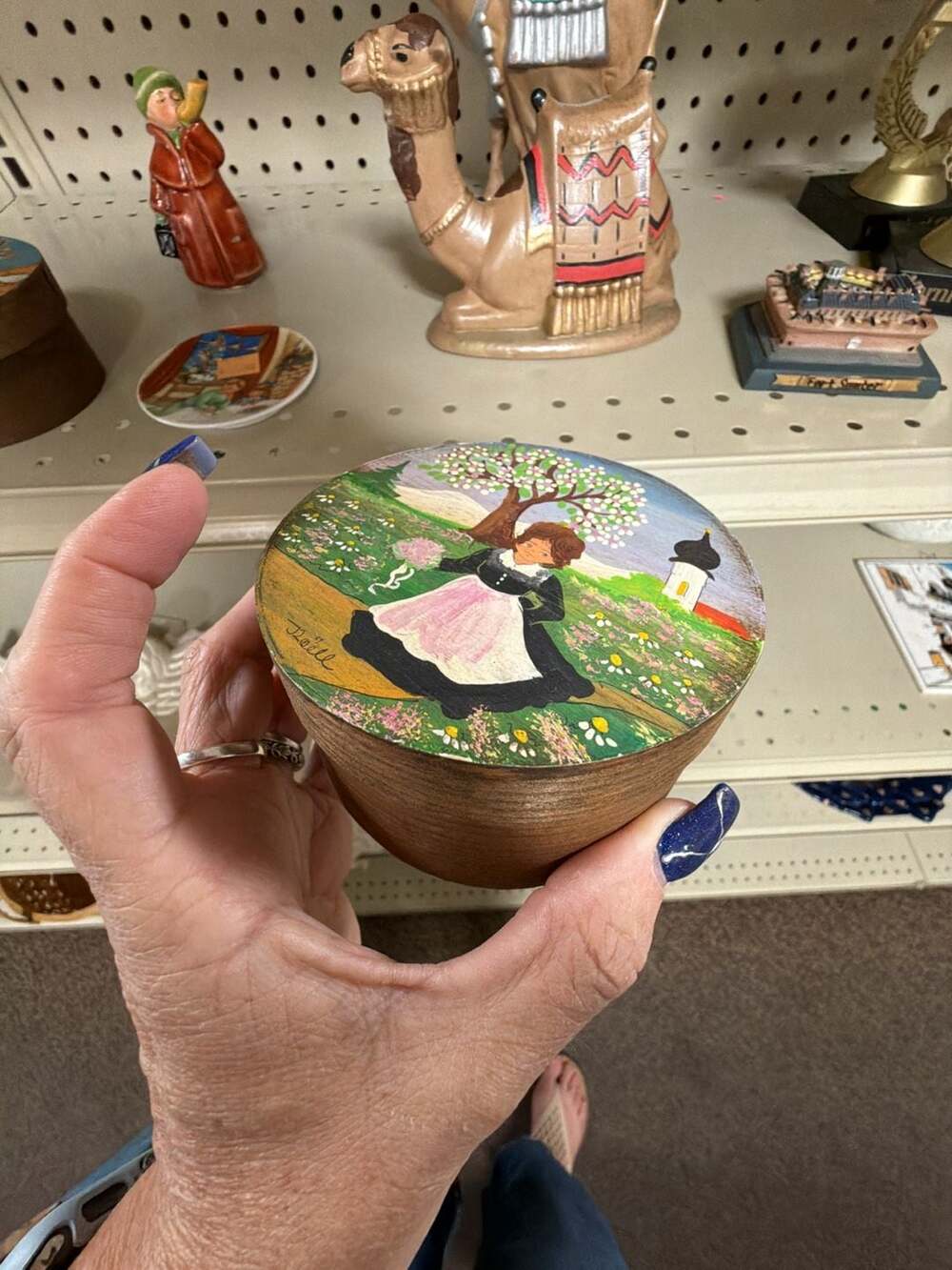 Vintage Treile Hand-Painted Austrian Wooden Trinket Box Folk Art Scene